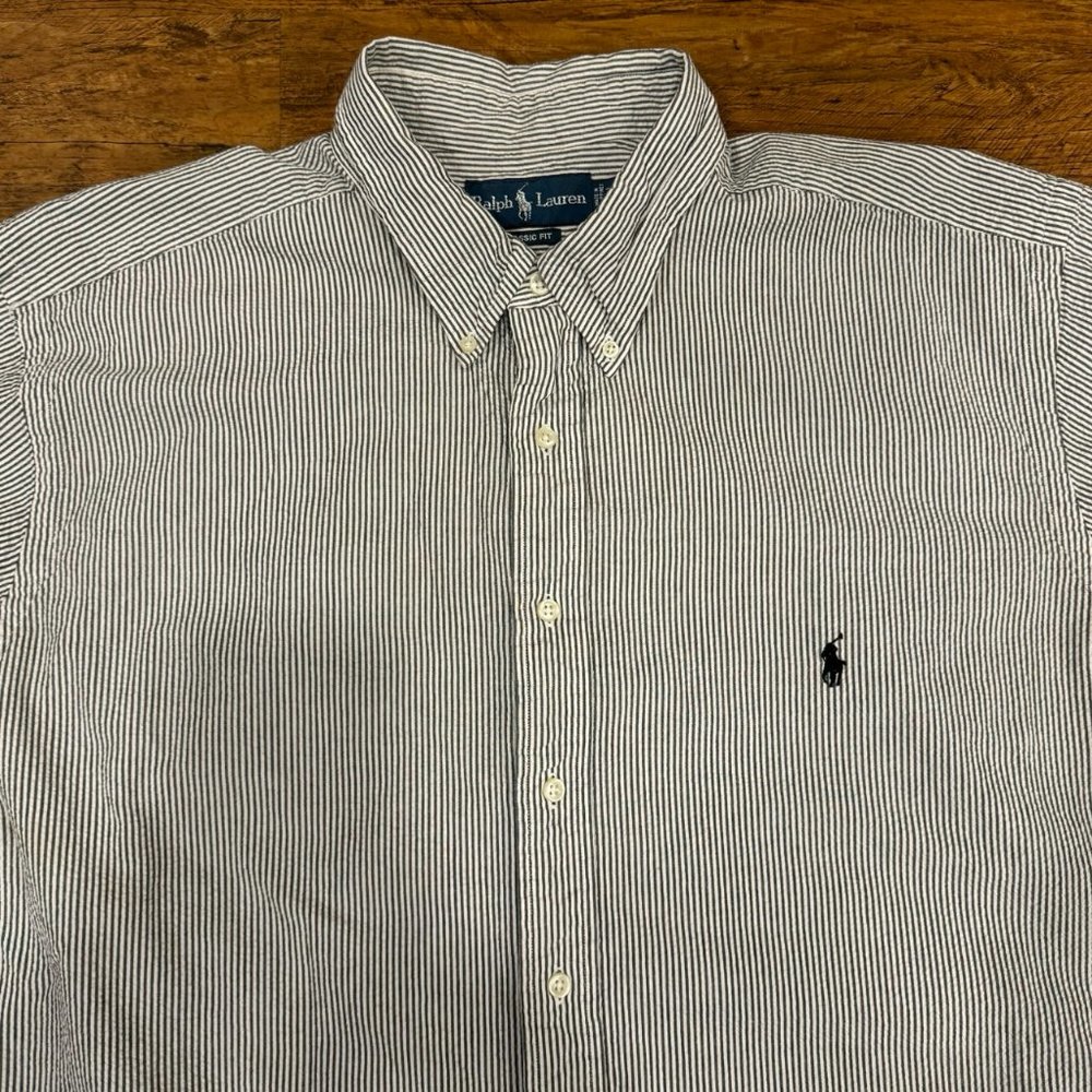 Vintage Polo Ralph Lauren Striped Seersucker Casual Button‎ Down Shirt Men's 2XB